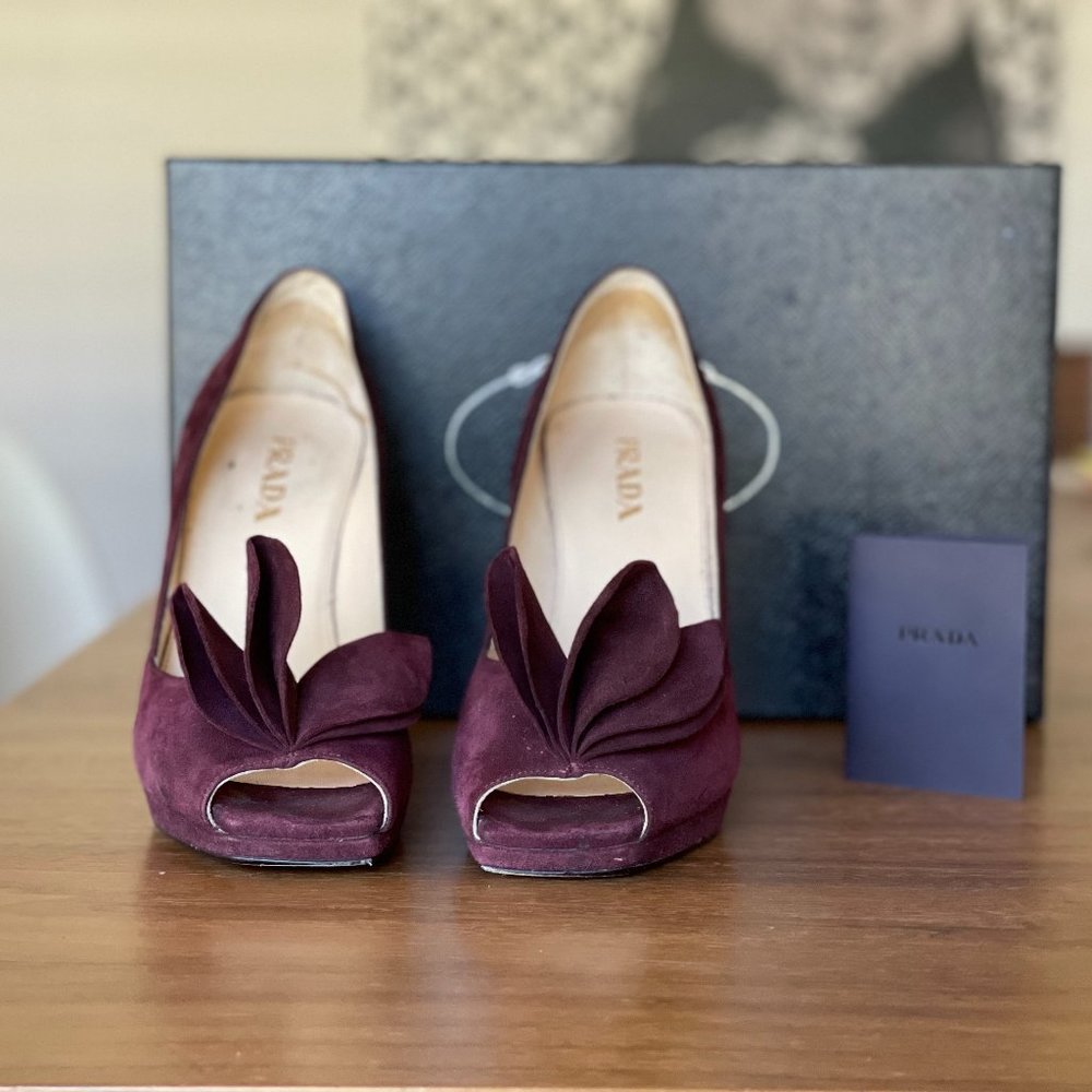 Prada Ruffle Peep Toe Pumps Suede 36.5